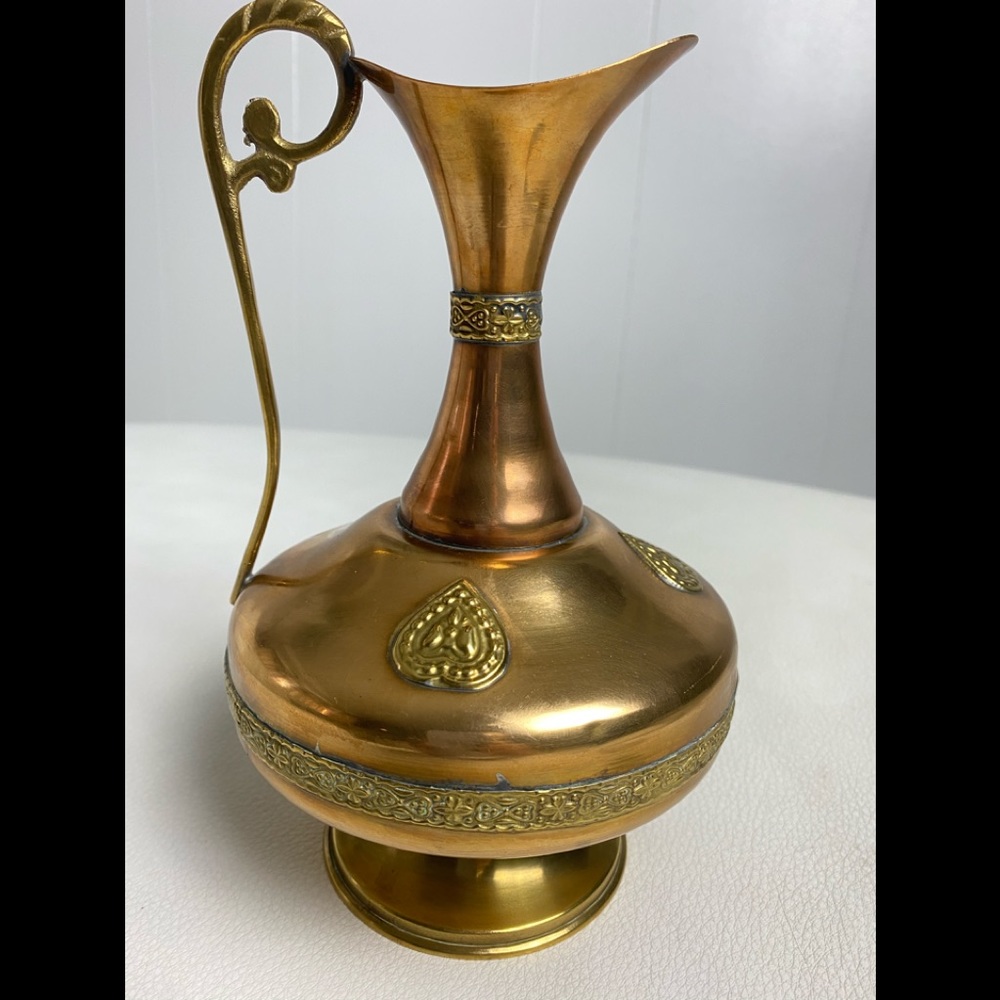VINTAGE BRASS PITCHER , FROM INDIA  ETCHED Hearts DESIGN